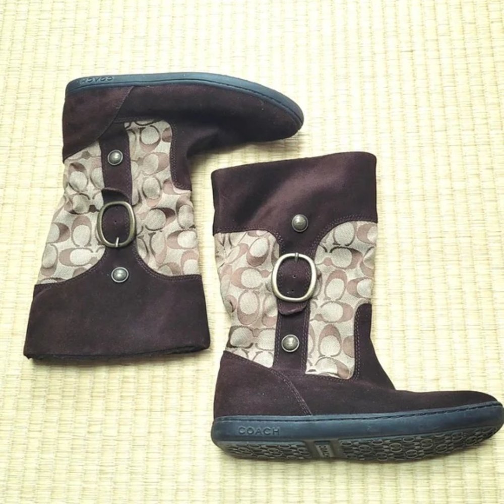 RARE!Coach Meyer Khaki Chestnut Brown C Logo Signature & Suede Boots Siz…